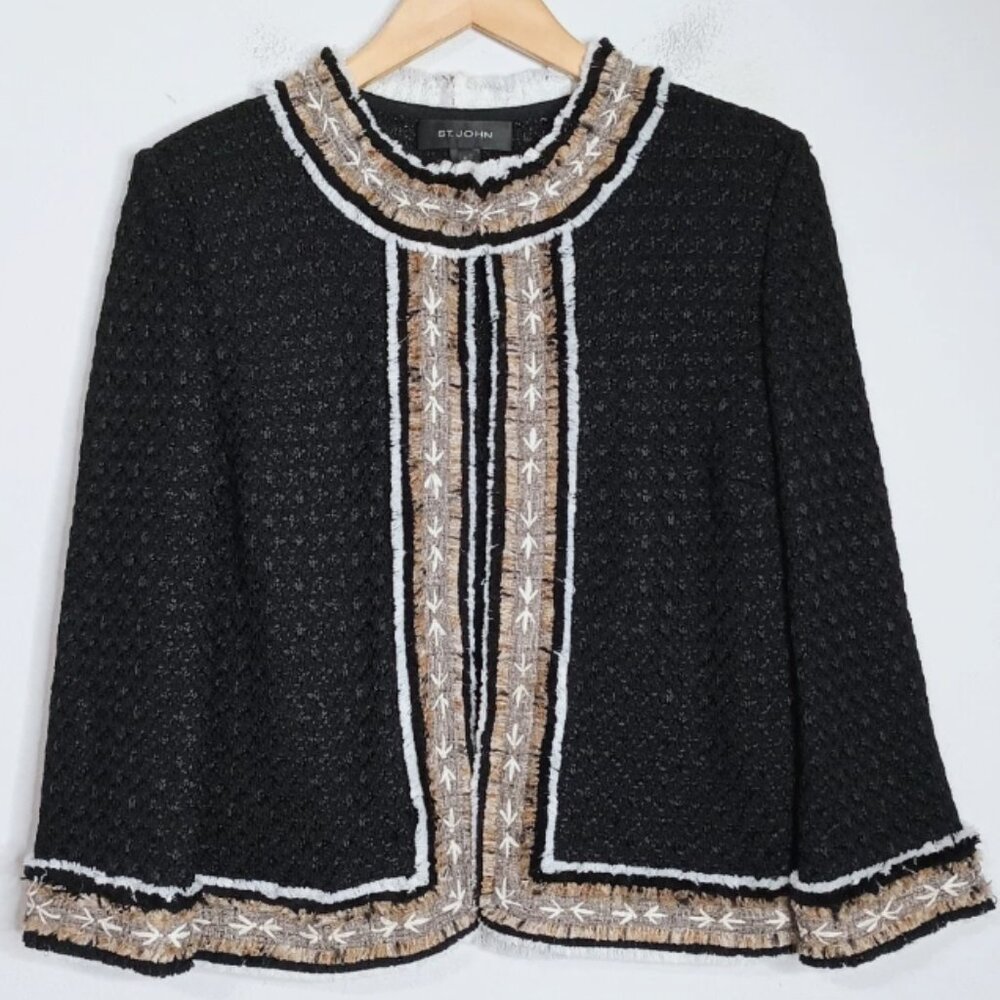 St. John Tweed Fringe Knit 3/4 Sleeve Suit Jacket Black Tan White Size 6/8
